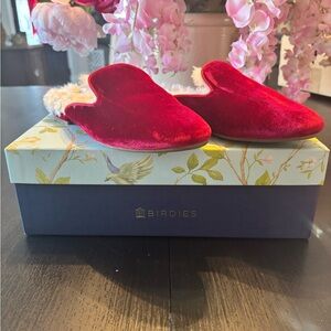 Birdies Red Velvet Shearling-Trim Slip-On Mules Size 5.5